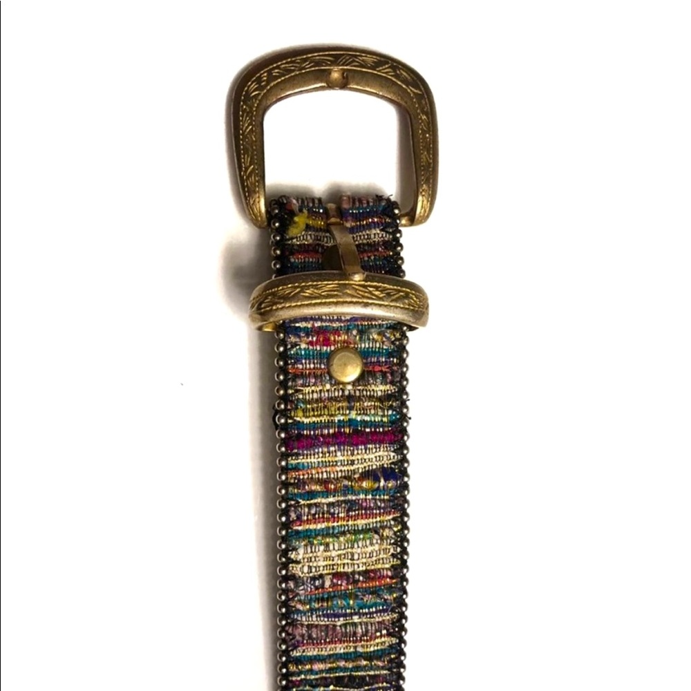 Bonded leather belt with Multi colored woven fabric & gold buckle and bead trim.